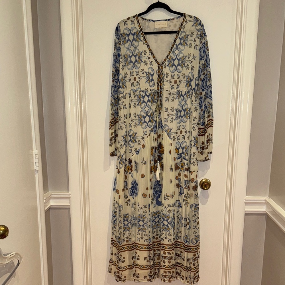 Boho Floral Maxi Dress - Blue & Cream